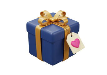 Isolated gift box wrapped with golden ribbon with a heart tag for love and Valentine's Day