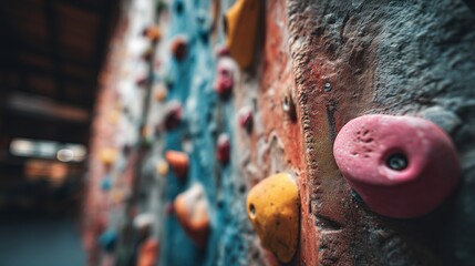 Rough, textured climbing wall with colorful, synthetic holds in an indoor gym