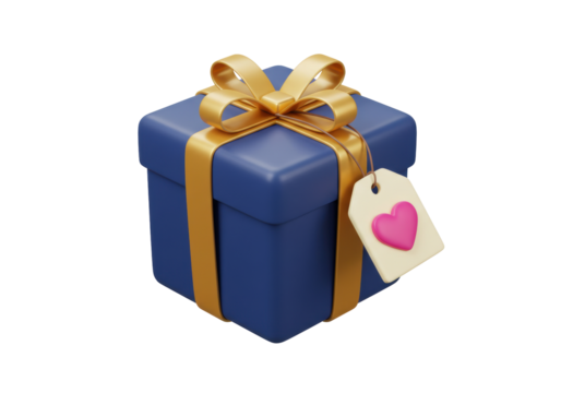 Isolated gift box wrapped with golden ribbon with a heart tag for love and Valentine's Day