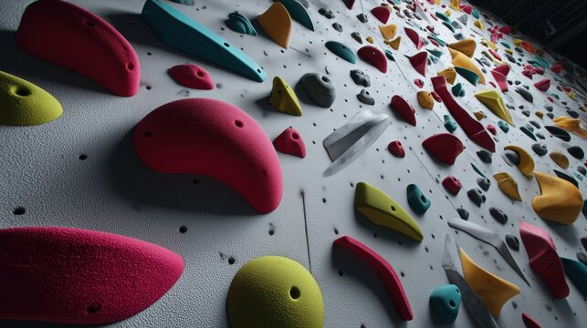 Colorful array of climbing holds bolted onto an indoor rock climbing wall