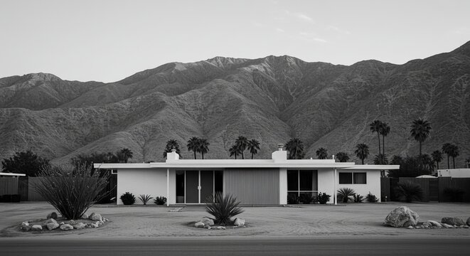 Dramatic desert home with palm trees and mountain backdrop offers unique living style