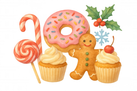 Christmas treats watercolor collection including gingerbread man, donut, cupcakes, candy cane, lollipop, holly, and snowflake on transparent background