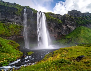 Majestic waterfall cascading over dramatic cliffs