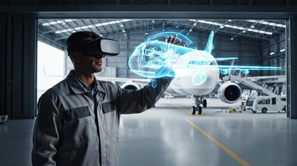 Aviation engineer using vr headset for aircraft maintenance training. Virtual reality technology in aerospace industry, digital airplane inspection simulation, futuristic hangar workspace. - Powered by Adobe