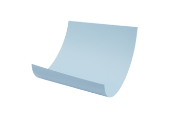 Isolated blue paper sheet slightly bent, curled at the bottom, floating design graphic