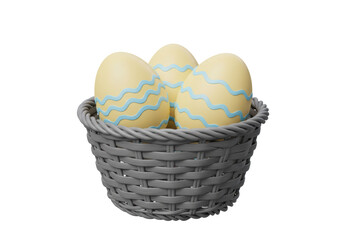 Isolated Easter eggs in a gray basket with sky blue wavy stripes for holiday decorations