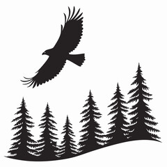Falcon gliding above forest silhouette