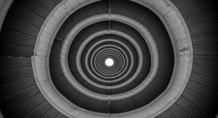 Dramatic monochrome circles converging toward bright light source with dynamic symmetry