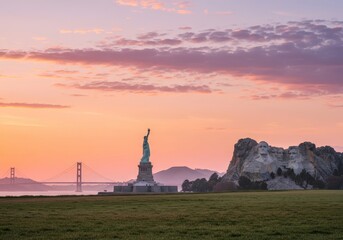 Bright sunrise with USA landmarks