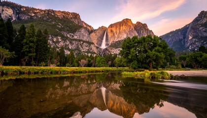 Majestic waterfall reflecting in calm waters at sunrise