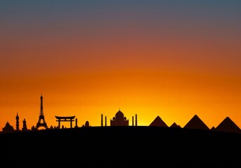 Evening sunset with landmark silhouettes