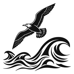 Seagull flying above waves silhouette