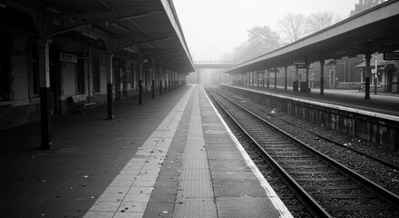 Mysterious deserted train station platform with vintage architectural details in monochrome