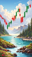 Scenic landscape with candlestick chart overlay