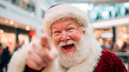 Santa Claus in Mall: Capturing the joy and festive spirit, Santa Claus gestures a playful invitation within the bustling environment of a mall during the most wonderful time of the year. 
