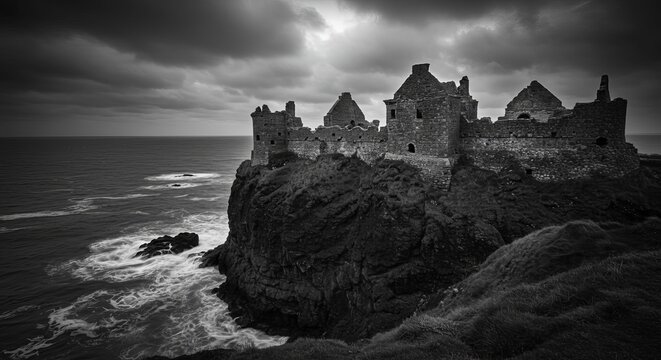 Dramatic black and white view of ancient castle ruins perched on a rugged cliff overlooking stormy ocean waves.