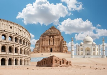 Sunny sky with world wonders