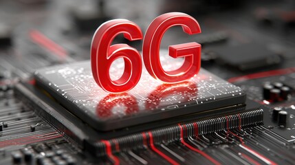 3D red "6G" letter atop microchip on circuit board