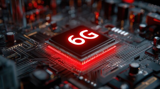 Microchip with glowing "6G" symbol on circuit board