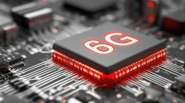 Close-up of a microchip with glowing red 6g text on a dark circuit board
