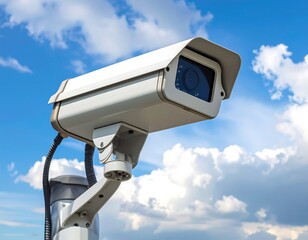 Security camera against a partly cloudy sky