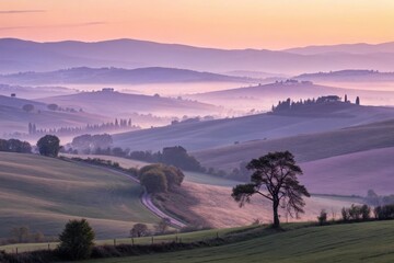 Picturesque tuscan landscape at sunrise with rolling hills and morning mist