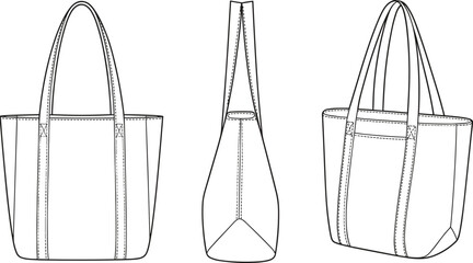 Women's blank tote bag with handles template vector illustration, flat drawing with front, side and back view for fashion mockups