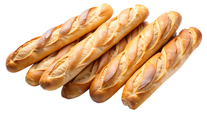 Pile of golden brown baguettes isolated on transparent background, a staple food in french cuisine, perfect for sandwiches and dipping in olive oil