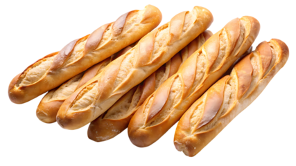 Pile of golden brown baguettes isolated on transparent background, a staple food in french cuisine, perfect for sandwiches and dipping in olive oil
