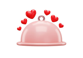 Isolated pink serving dome with red hearts in the air symbolizes love and deliciousness