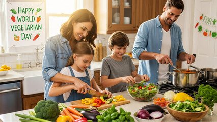 Family celebrates world vegetarian day by preparing a healthy meal with fresh vegetables in their bright modern kitchen promoting wellness and togetherness.
