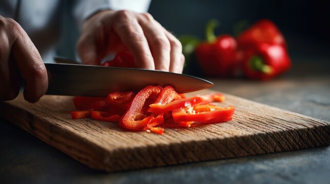 Close-up of a chef slicing a red bell pepper on a wooden cutting board