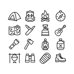 Obraz premium Camping gear vector icons set. Outline symbols. Line design