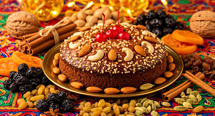Traditional Indian Christmas plum cake with Nuts and Dried Fruits on Decorative Background