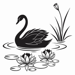 Swan swimming past lily pads silhouette