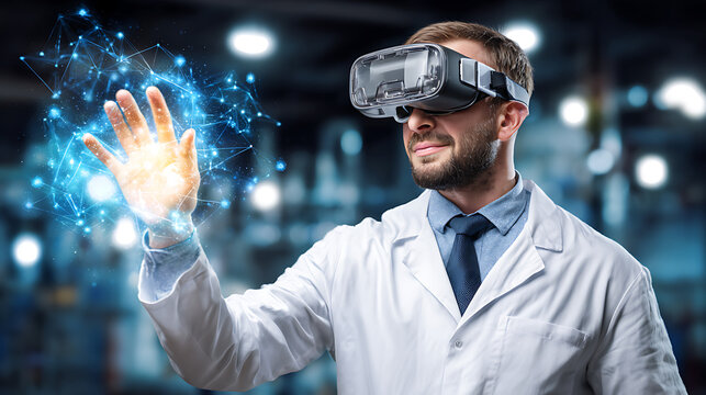 Scientist using virtual reality headset to interact with digital holographic data in a laboratory setting