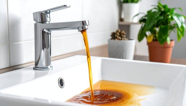 Brown water flows from a faucet into a sink