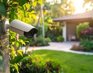 Security camera in a lush garden