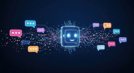 Glowing chatbot icon surrounded by speech bubbles on a dark blue background.