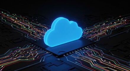 A blue cloud icon sits atop a computer chip against a dark background.