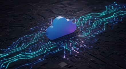 Blue cloud icon on circuit board background representing cloud computing technology.