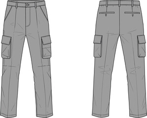 Cargo pants flat sketch technical drawing illustration, men's apparel fashion, trouser design template, front and back view