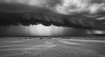 Dramatic storm clouds loom over vast desert landscape with rain falling
