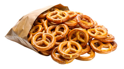 Pile of salted pretzels spilling out of a brown paper bag isolated on transparent background, a tasty and crunchy snack option for any time