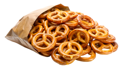 Pile of salted pretzels spilling out of a brown paper bag isolated on transparent background, a tasty and crunchy snack option for any time