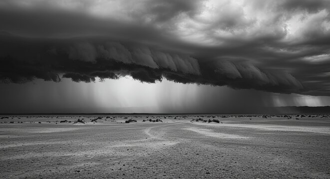 Dramatic storm clouds loom over vast desert landscape with rain falling