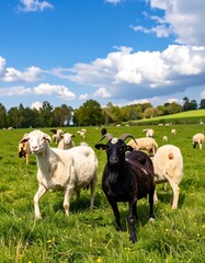 Fototapeta premium Sheep and goats in a grassy field under a sunny sky