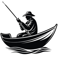 Fisherman silhouette casting rod from small boat on water