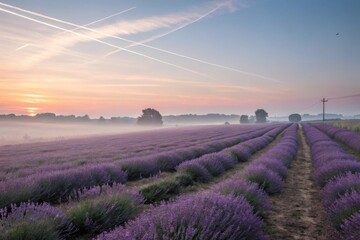 Obraz premium Lavender field in the morning mist at sunrise in the countryside