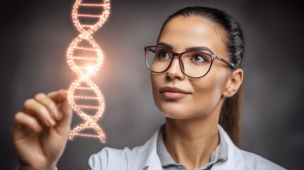 Scientist examining a glowing DNA double helix in a laboratory setting